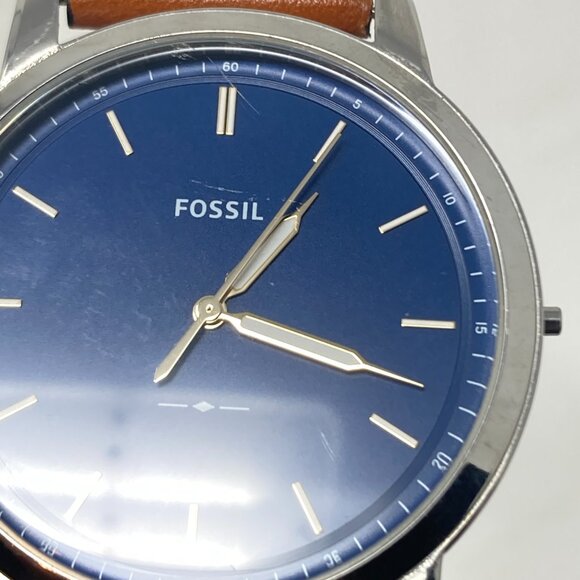 Fossil Minimalist Watch Men MISSING CROWN 44mm Silver Tone Blue Dial Leather - Picture 5 of 16